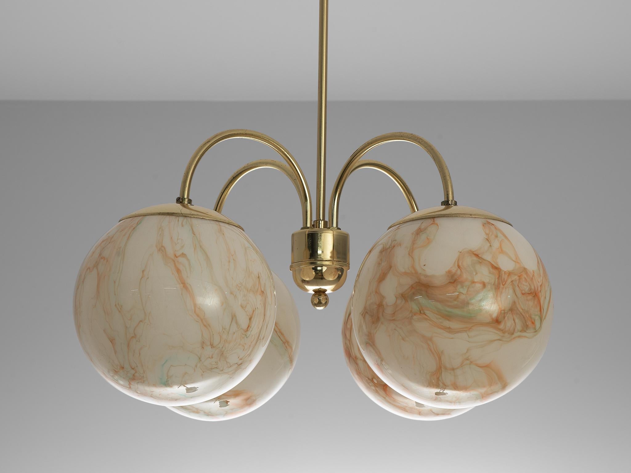 Chandelier with Brown Orange Marbled Glass Spheres and Brass