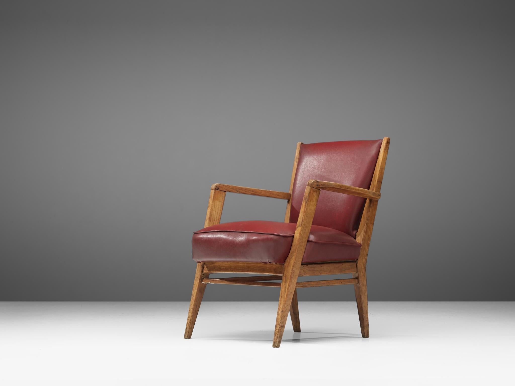 BBPR Pair of Lounge Chairs in Burgundy Upholstery and Oak