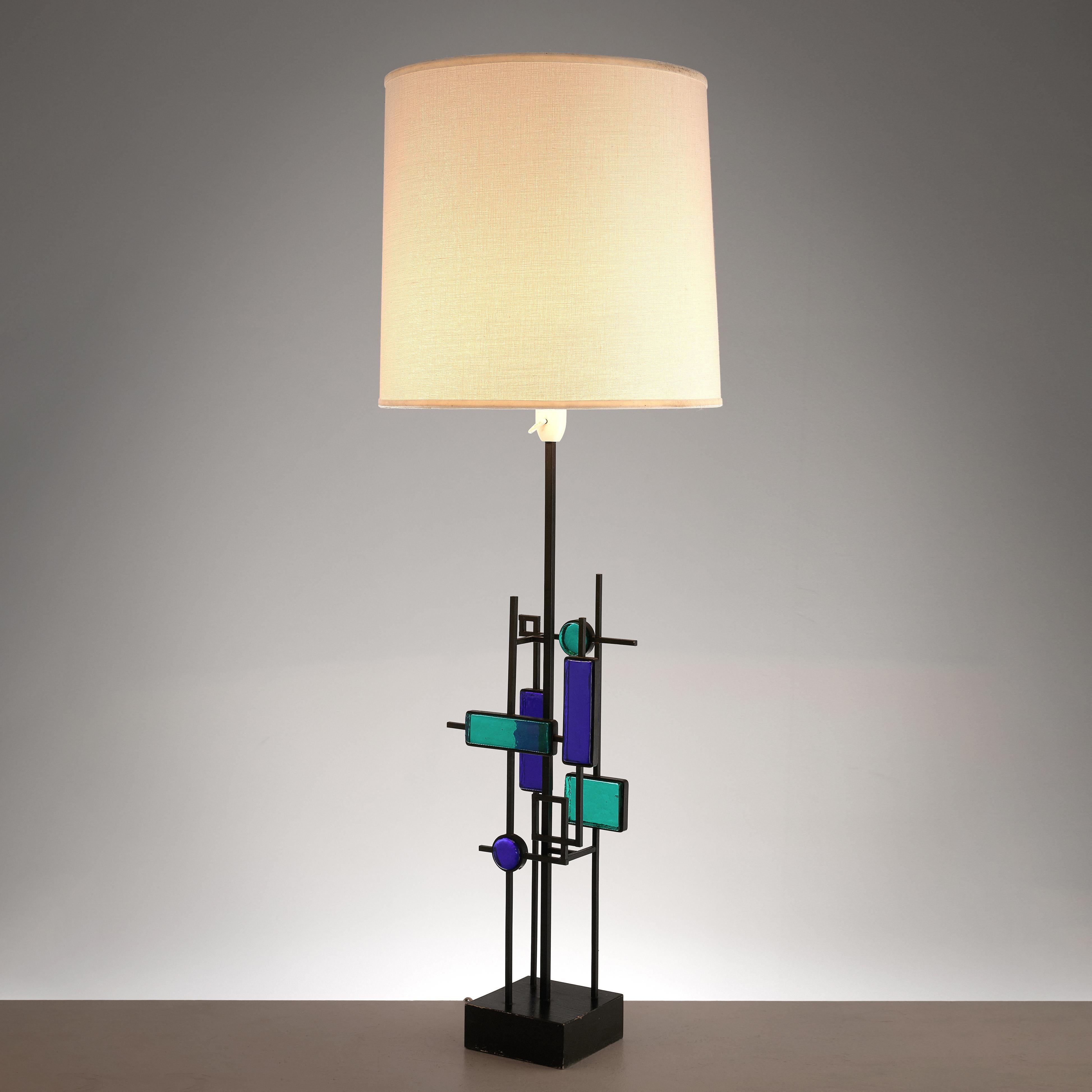 Svend Aage Holm Sørensen Sculptural Table Lamp with Iron Frame and Glass
