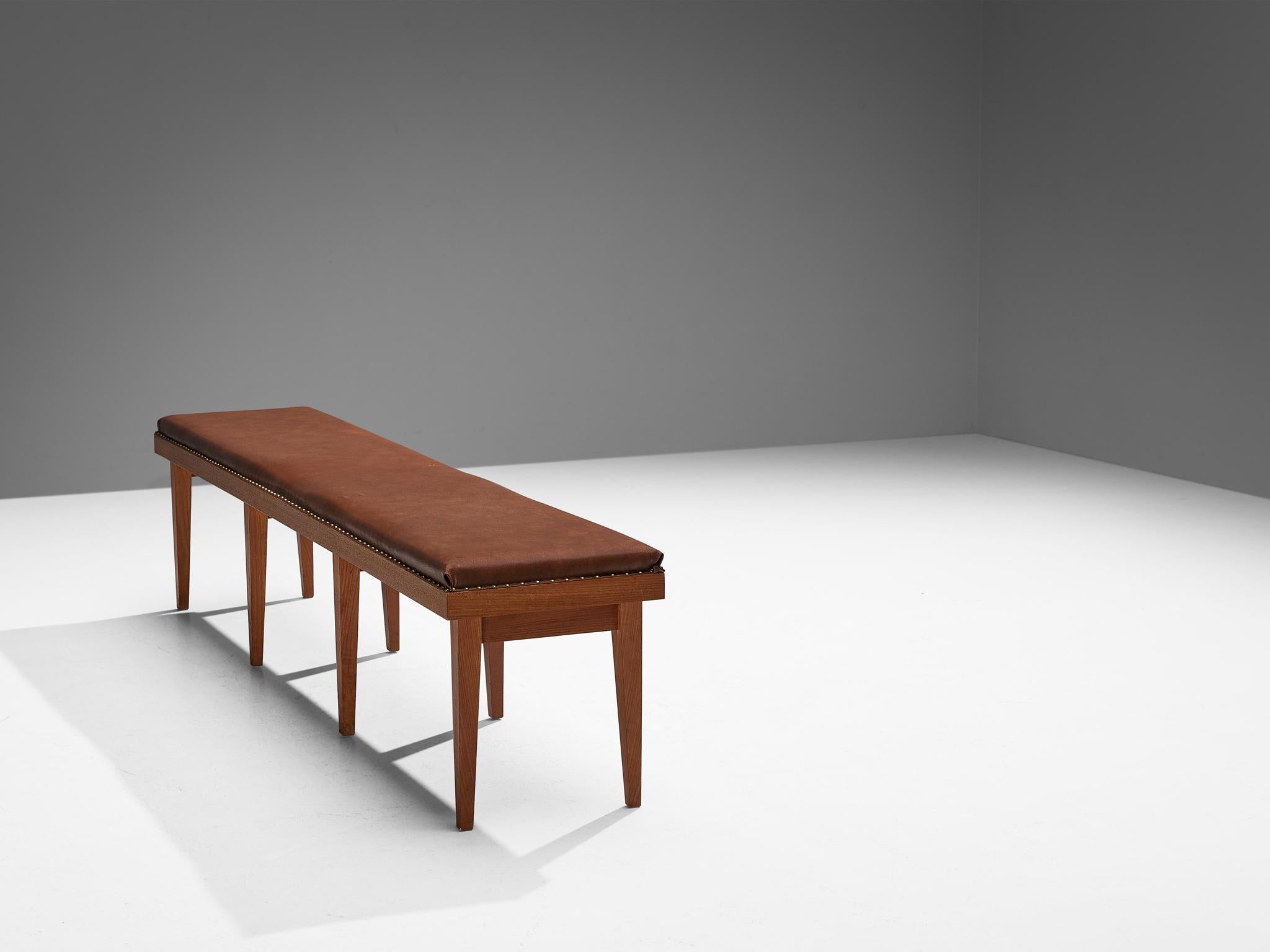 Scandinavian Modern Bench in Chestnut Upholstery and Teak