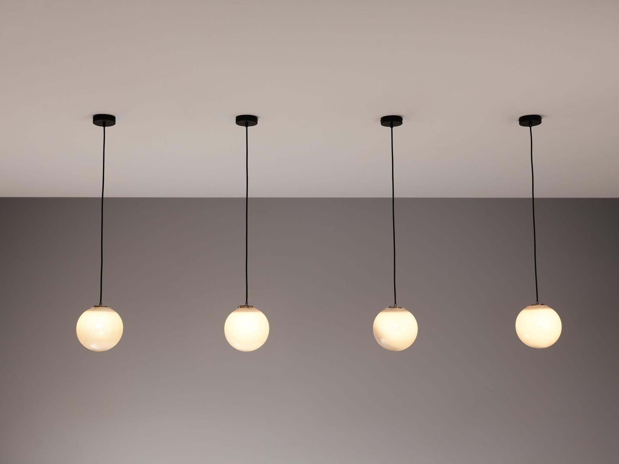Mid-Century Pendants in White Opaque to Clear Glass