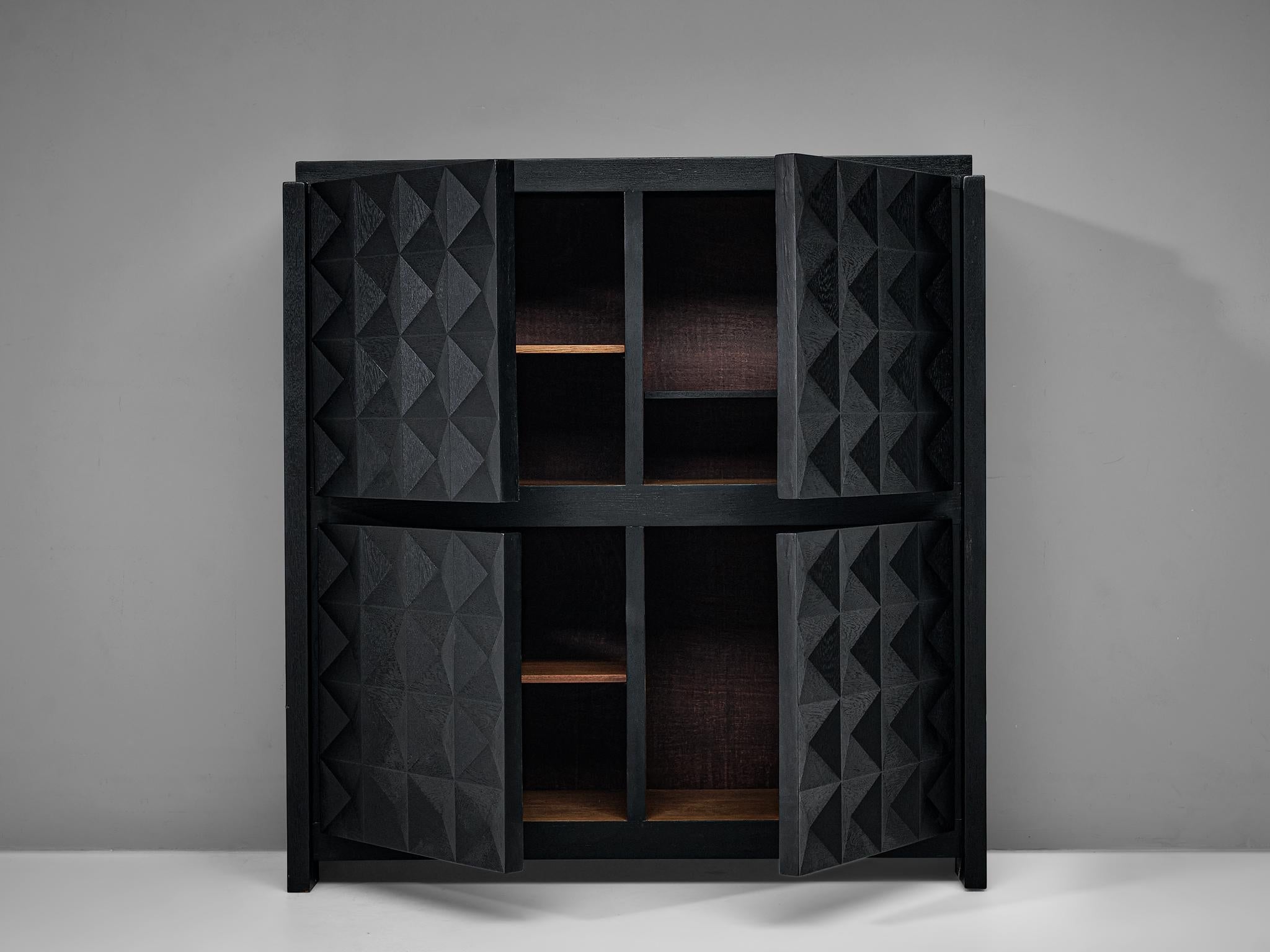 Belgian Brutalist Sideboard in Black Lacquered Oak with Graphical Doors