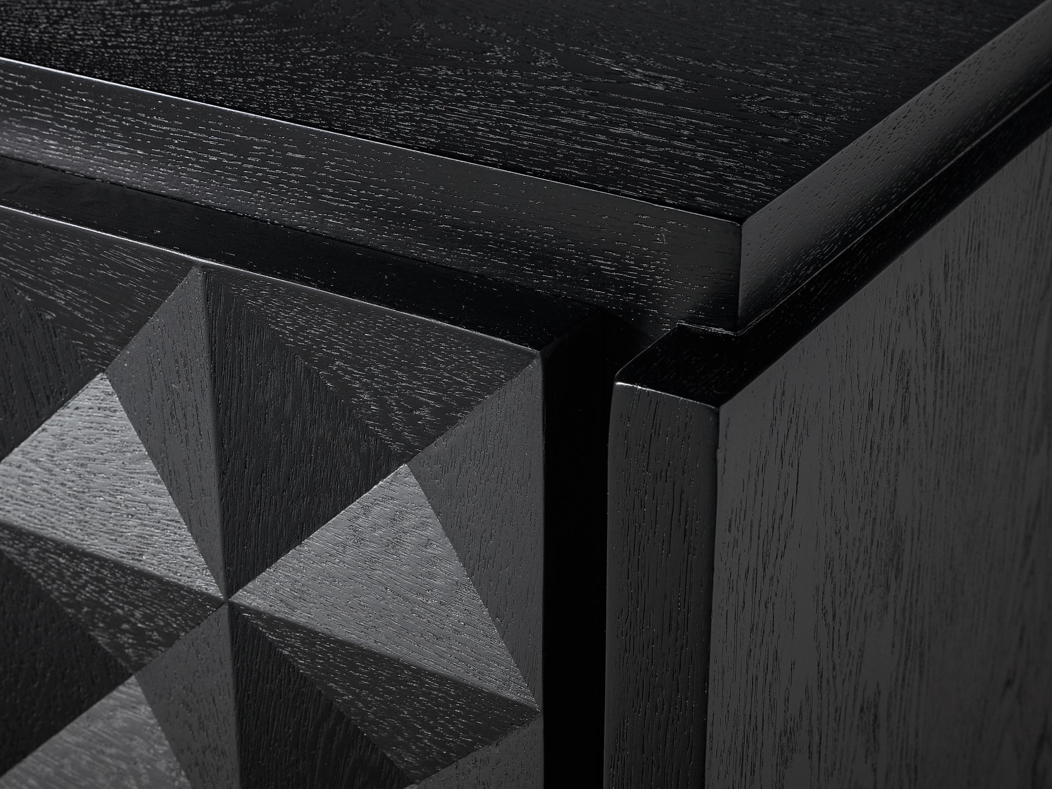 Belgian Brutalist Sideboard in Black Lacquered Oak with Graphical Doors