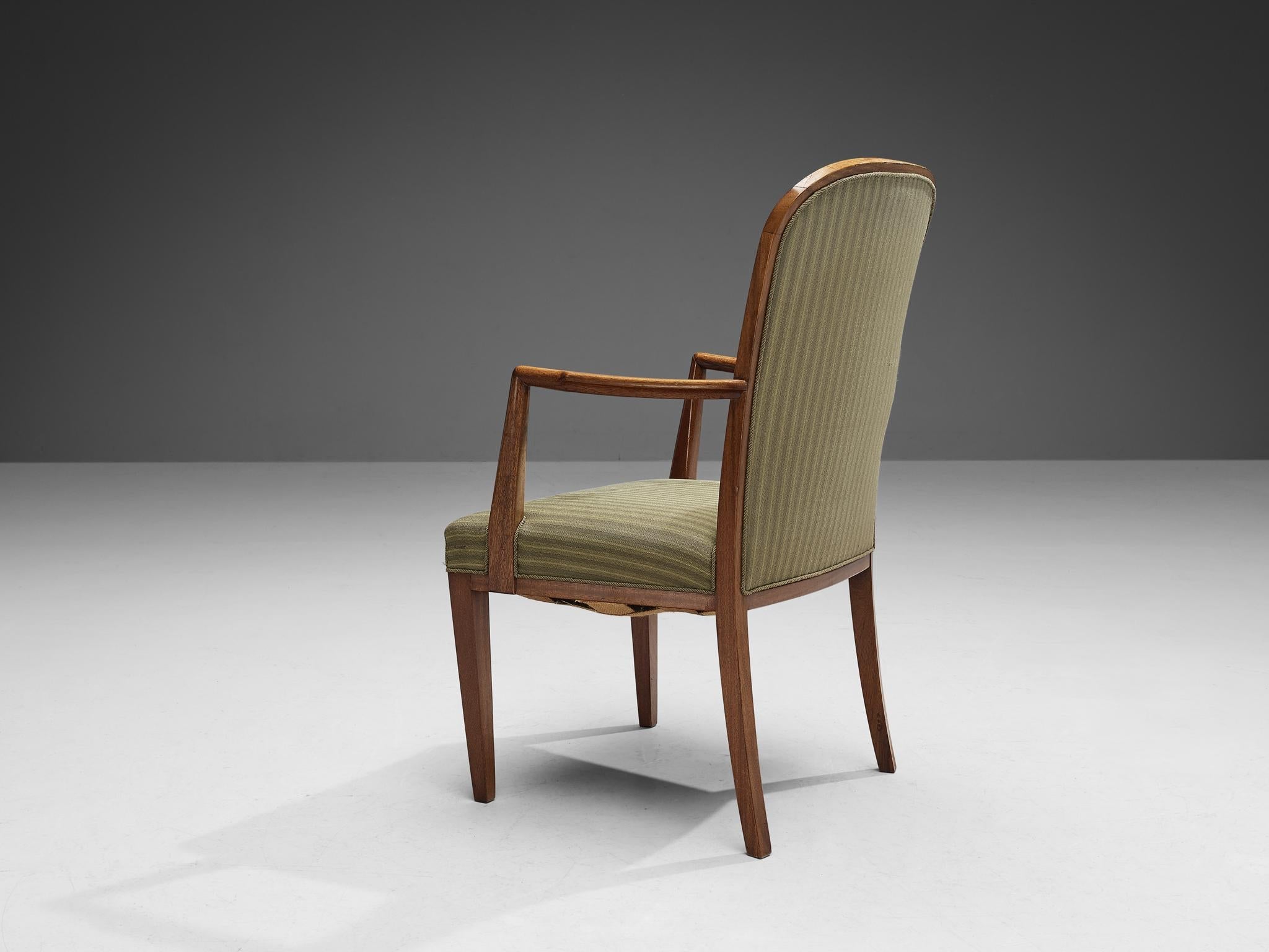 Scandinavian High Back Chair in Oak and Green Striped Upholstery