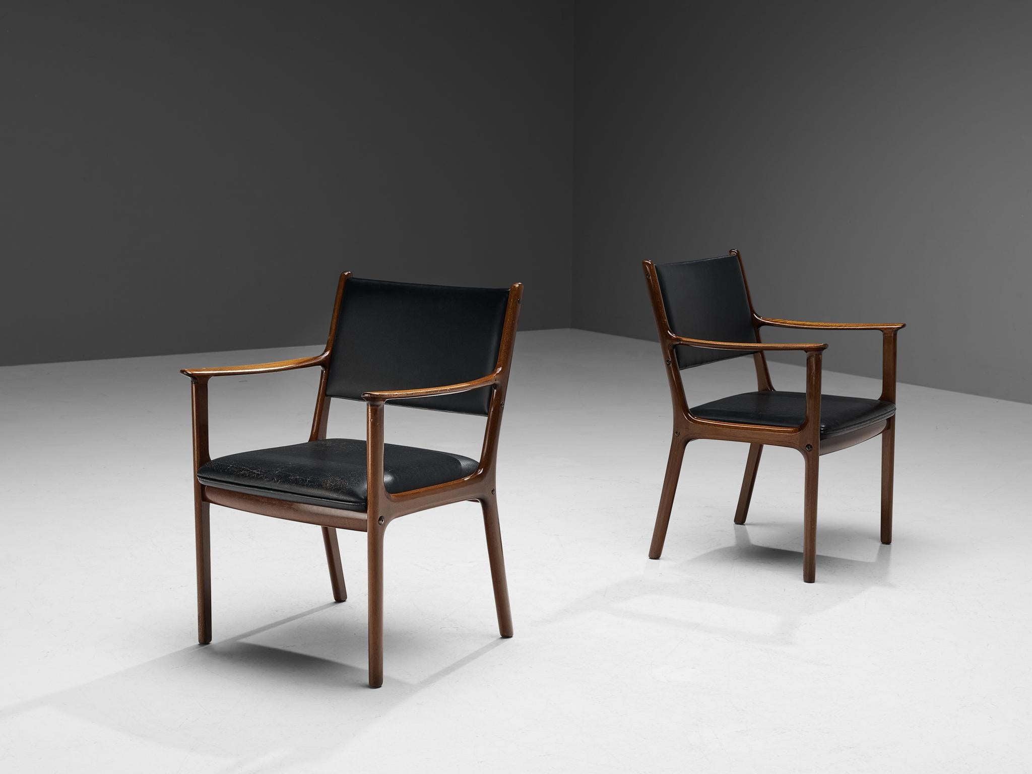 Ole Wanscher for Poul Jeppesen Armchairs in Teak and Black Leather