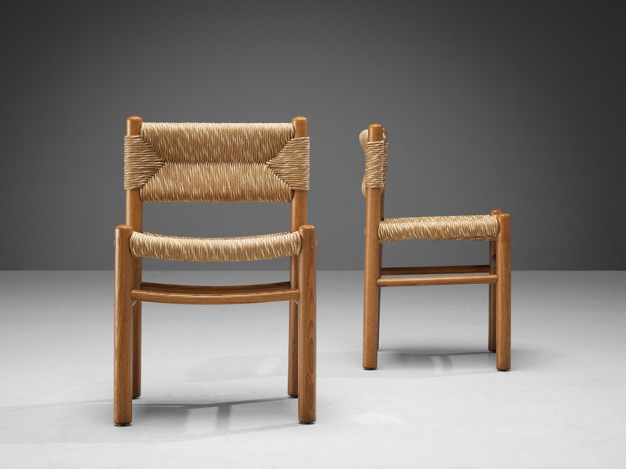 Set of Four French Dining Chairs in Oak and Straw