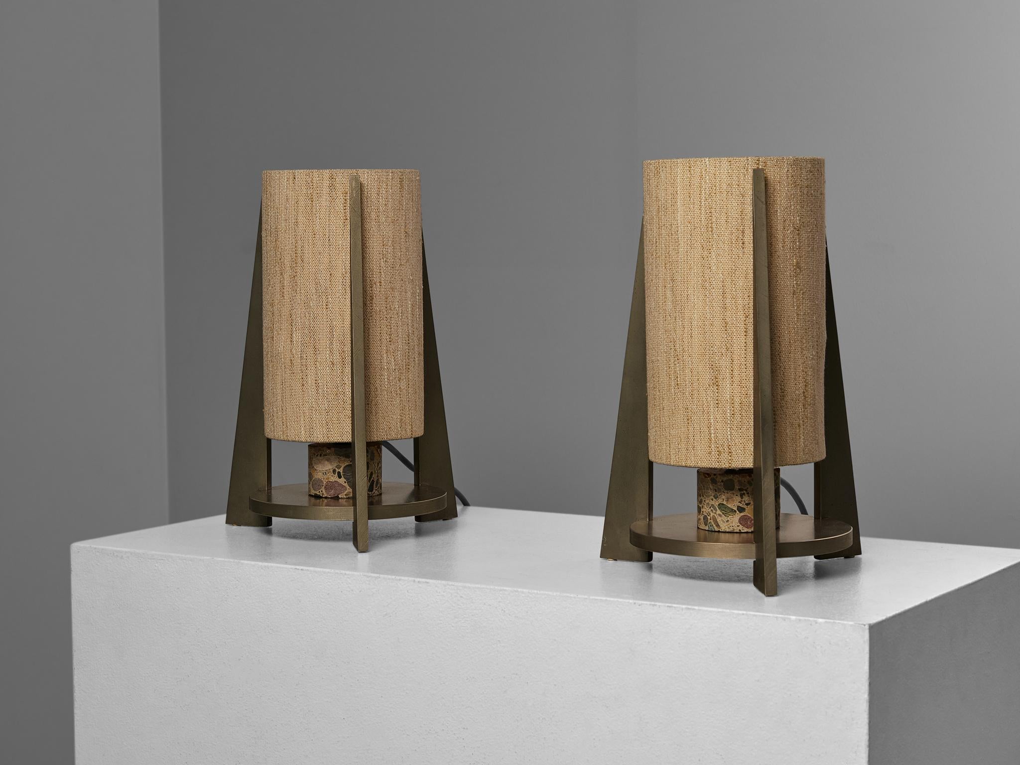 Pair of Tripod Table Lamps in Terrazzo Stone and Nickel