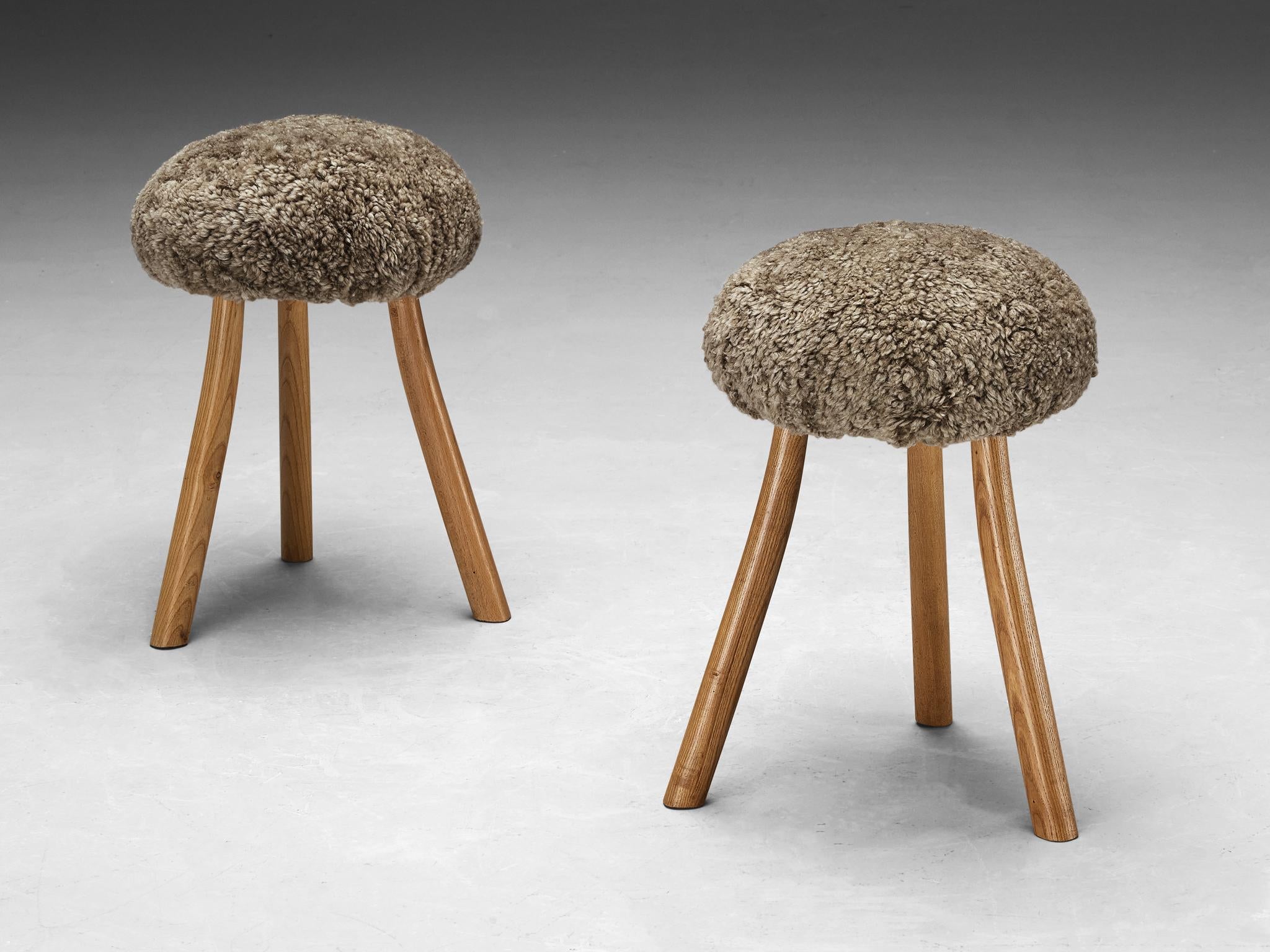 French Tripod Stools in Solid Elm Upholstered in Shearling Wool