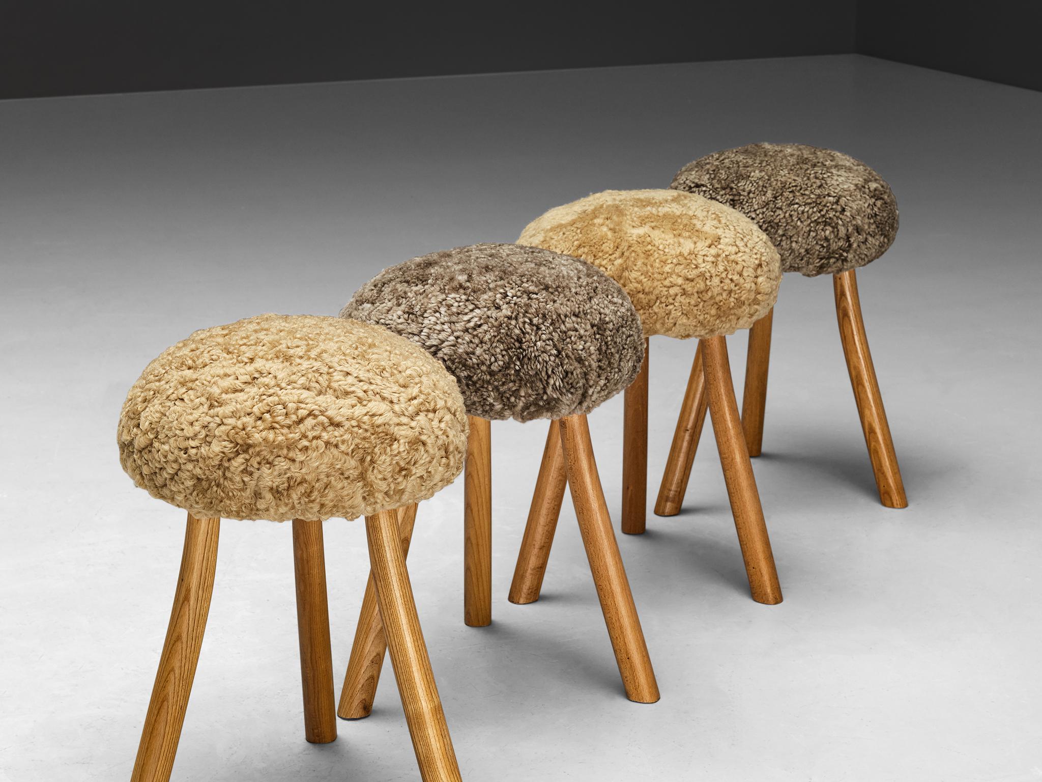 French Tripod Stools in Solid Elm Upholstered in Shearling Wool