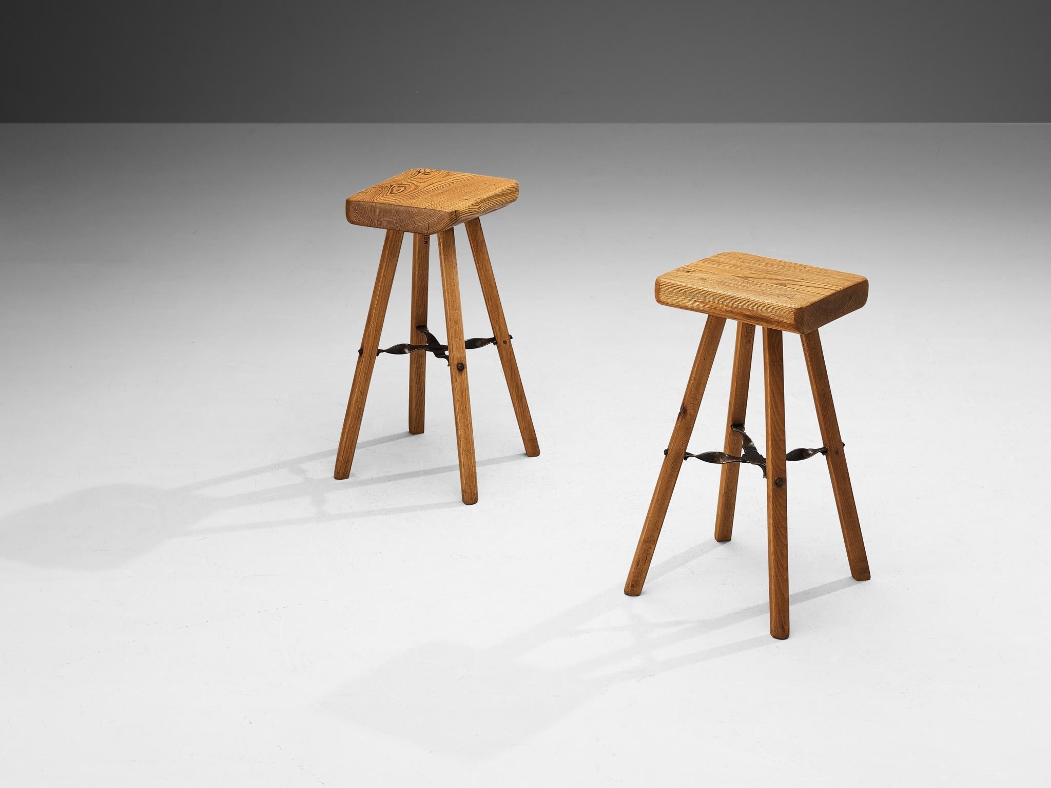 Mobichalet Brutalist Bar Stools in Blond Pine Wood and Iron