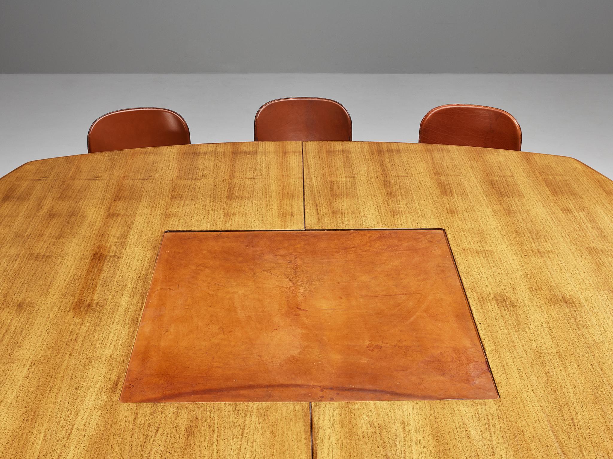 Large Italian Dining or Conference Table in Walnut and Cognac Leather