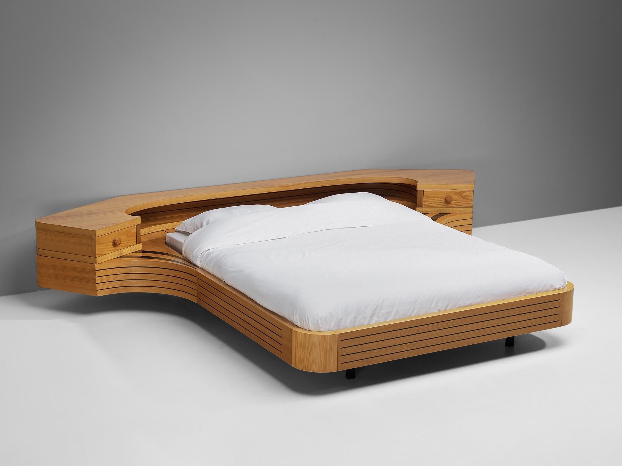Italian Sculptural King Size Bed with Integrated Nightstands in Elm