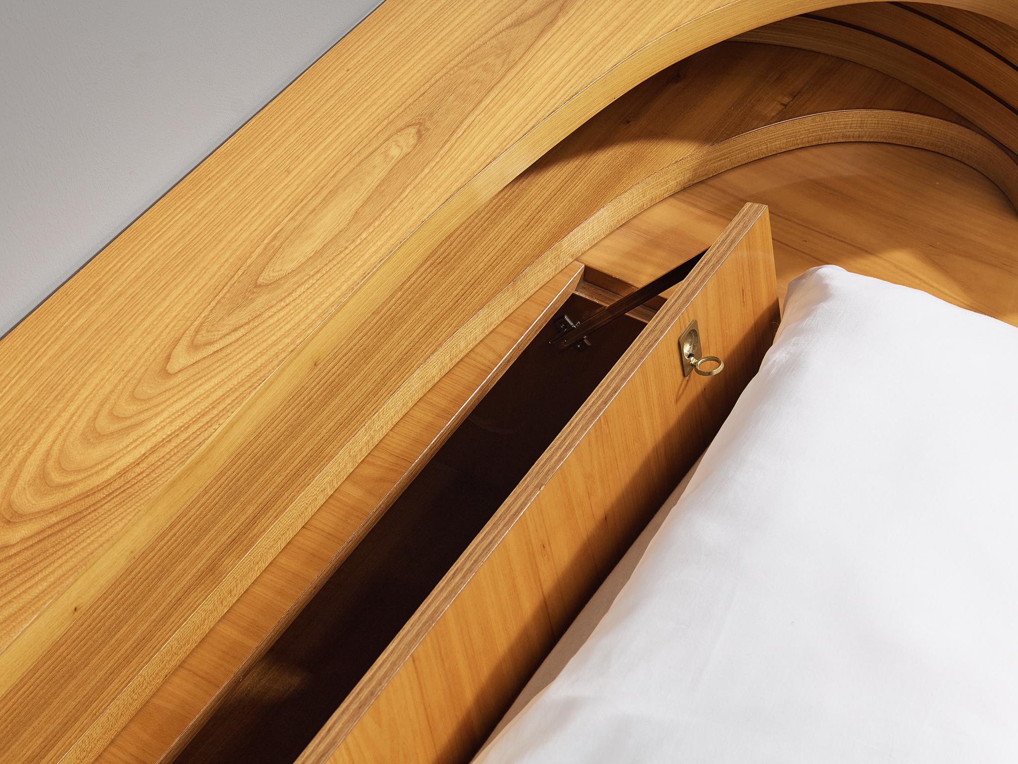 Italian Sculptural King Size Bed with Integrated Nightstands in Elm