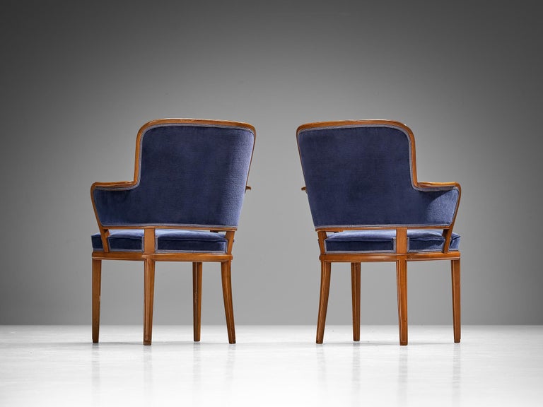 Carl Malmsten Set of Eight Armchairs in Mahogany and Blue Upholstery