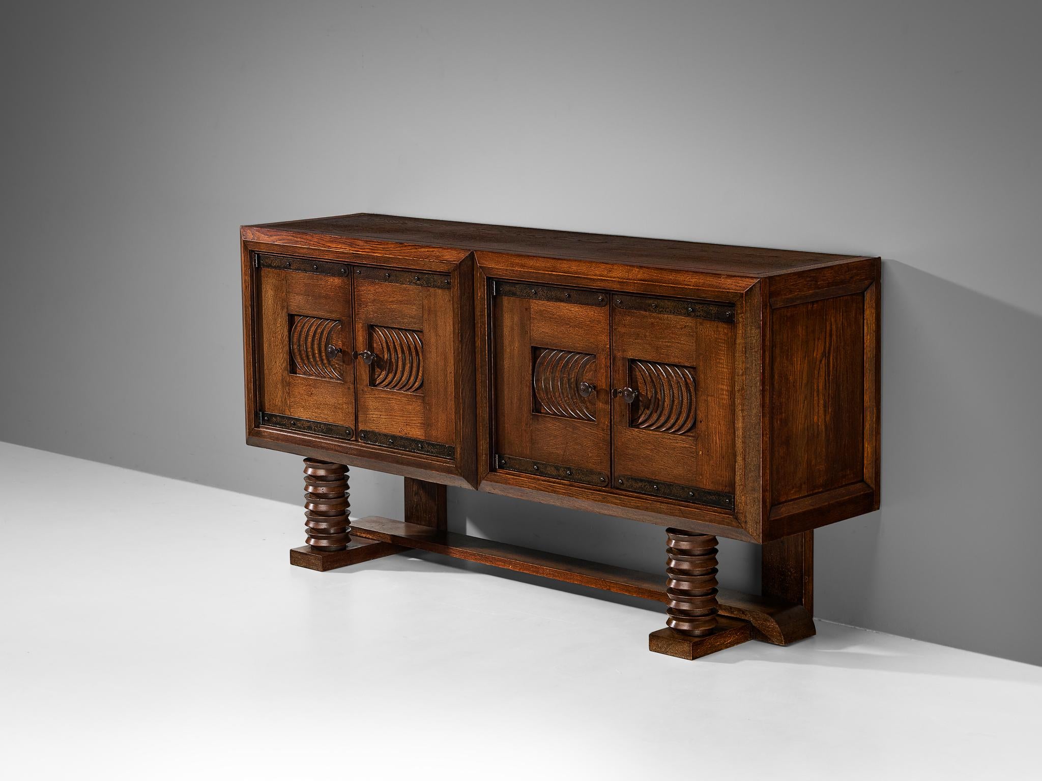 Parisian Art Deco Sideboard in Solid Oak with Iron Elements