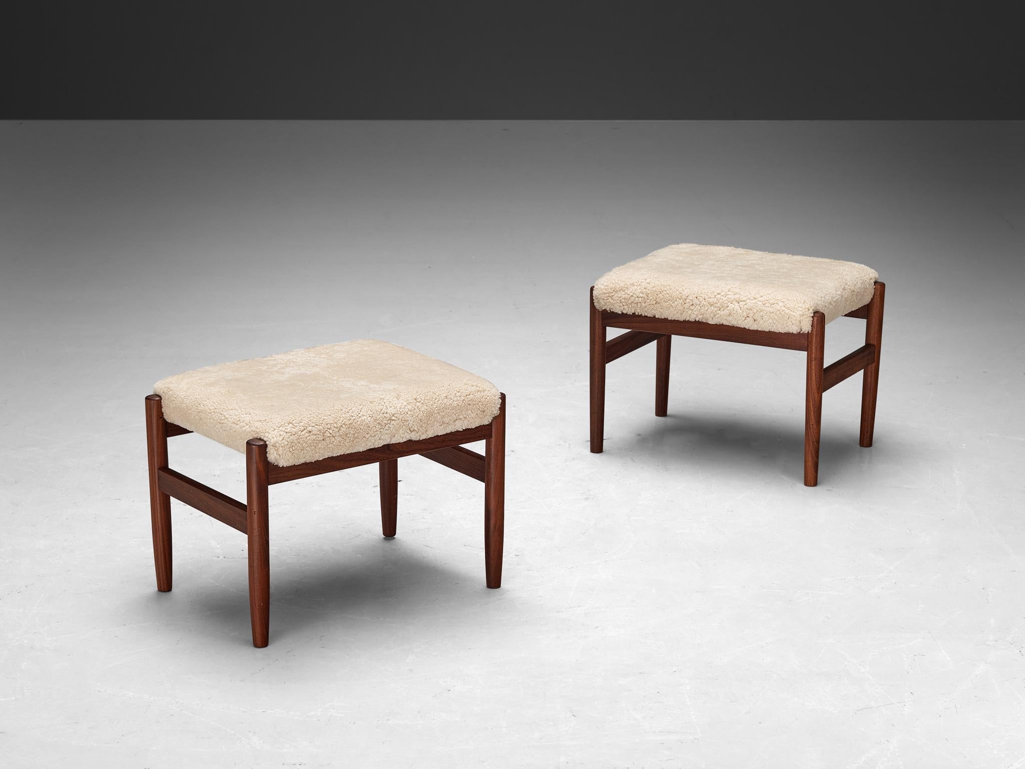 Scandinavian Stools in Teak and Shearling Upholstery