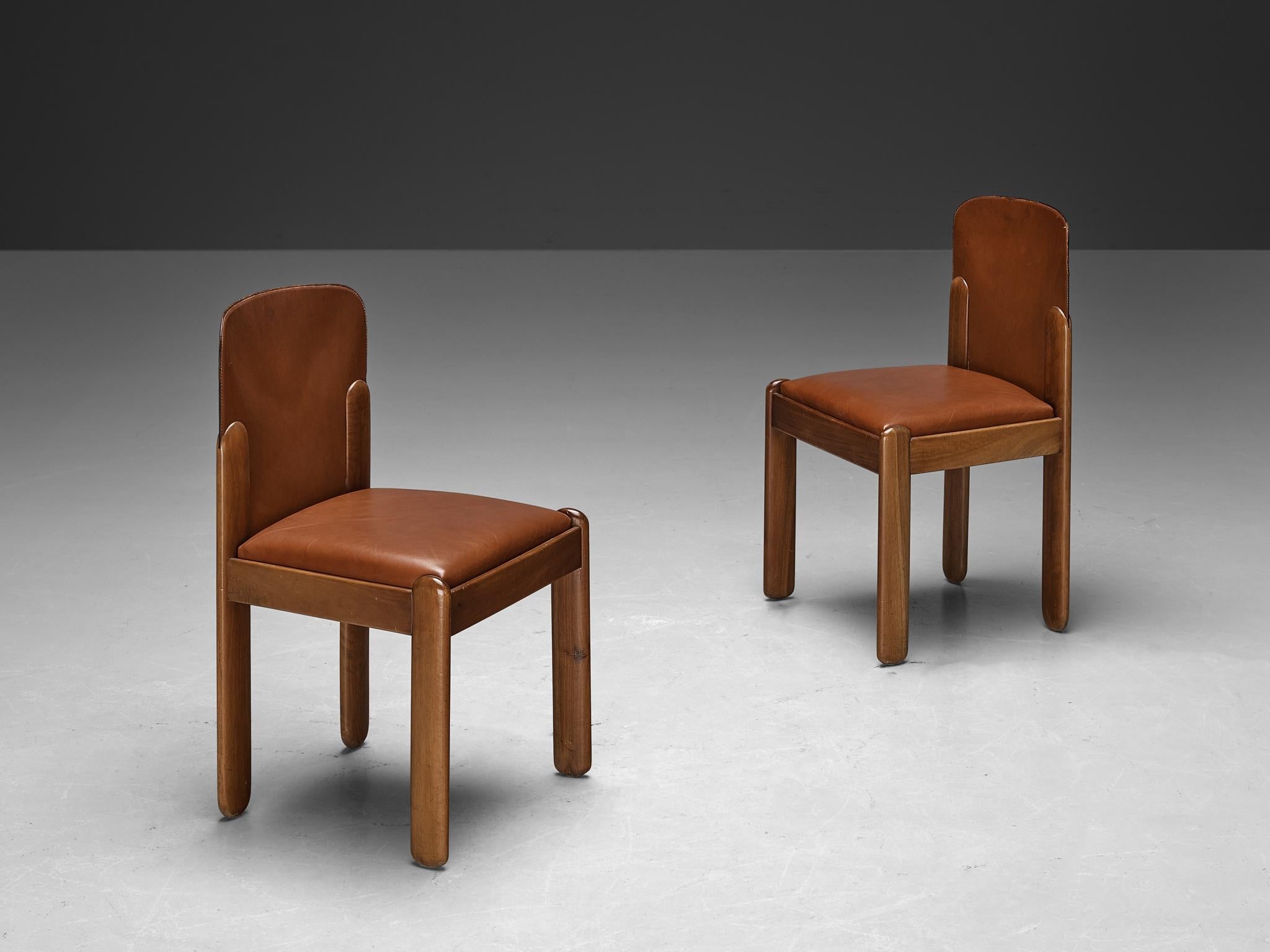 Silvio Coppola for Bernini Pair of Dining Chairs in Brown Leather & Walnut