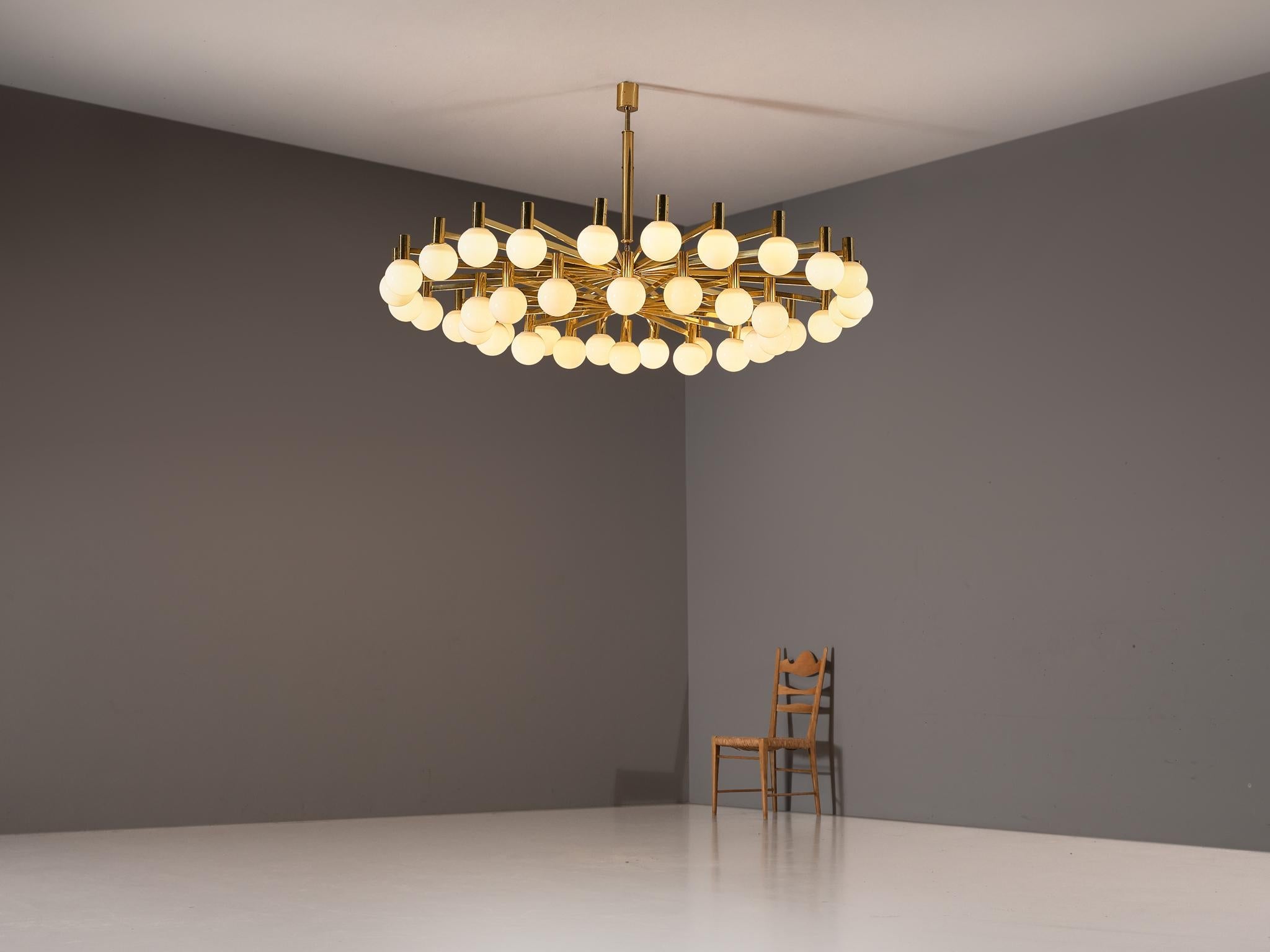 Grand Chandelier in Brass and Milk Glass Spheres 210 cm/82 in Wide