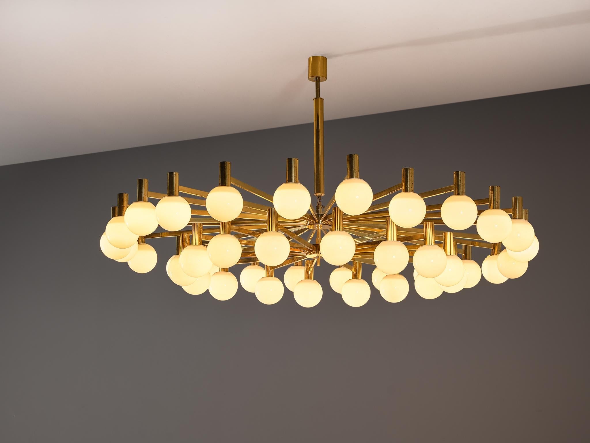 Grand Chandelier in Brass and Milk Glass Spheres 210 cm/82 in Wide