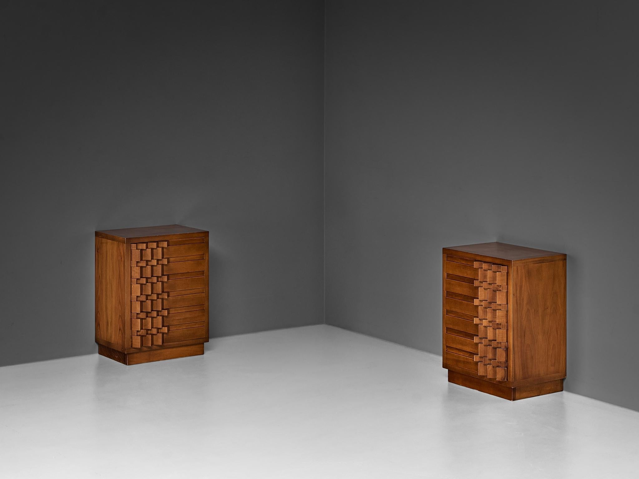 Luciano Frigerio 'Diamante' Pair of Bed Tables with Cubist Graphic Front
