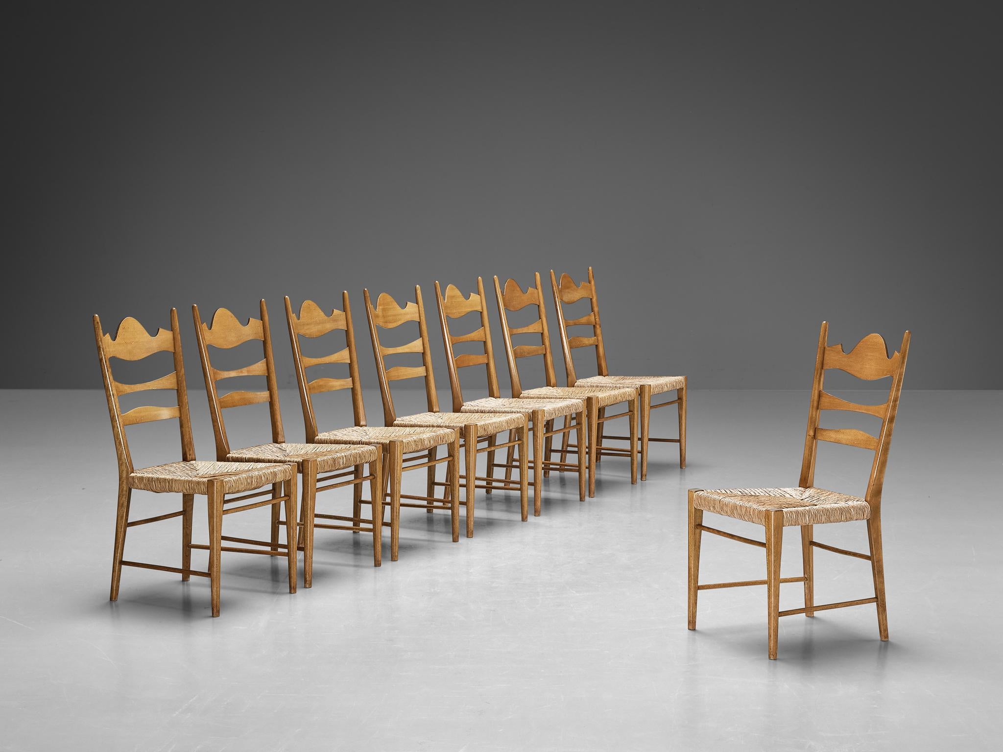 Set of Eight Italian Dining Chairs with Carved Backs and Straw Seats