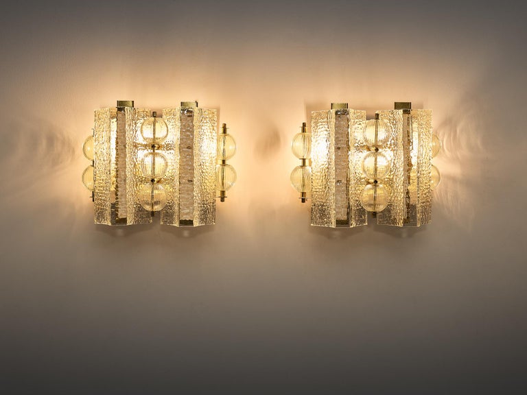 Wall Lights in Textured Glass and Brass
