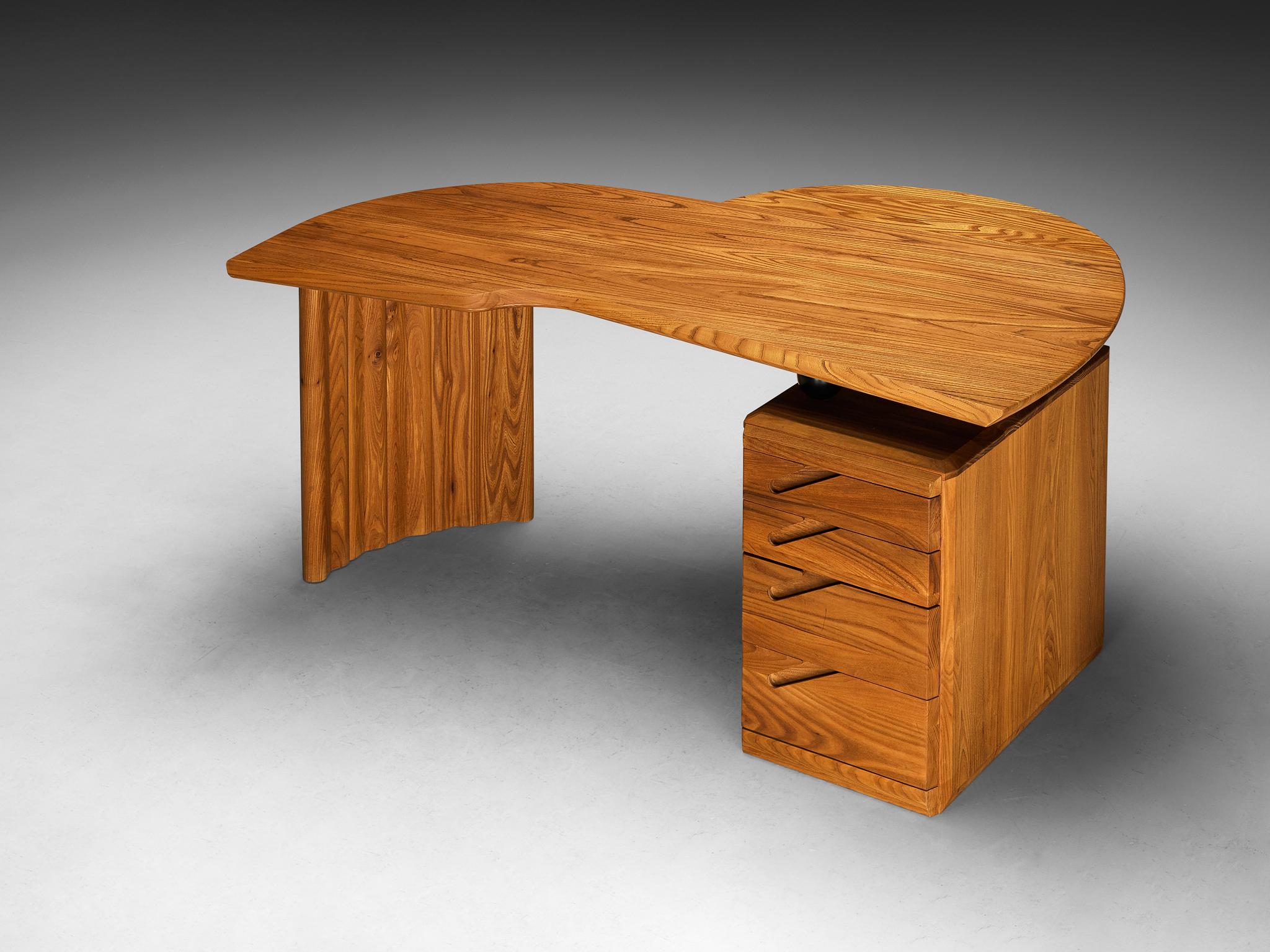 French Seltz Curved Writing Desk in Solid Elm