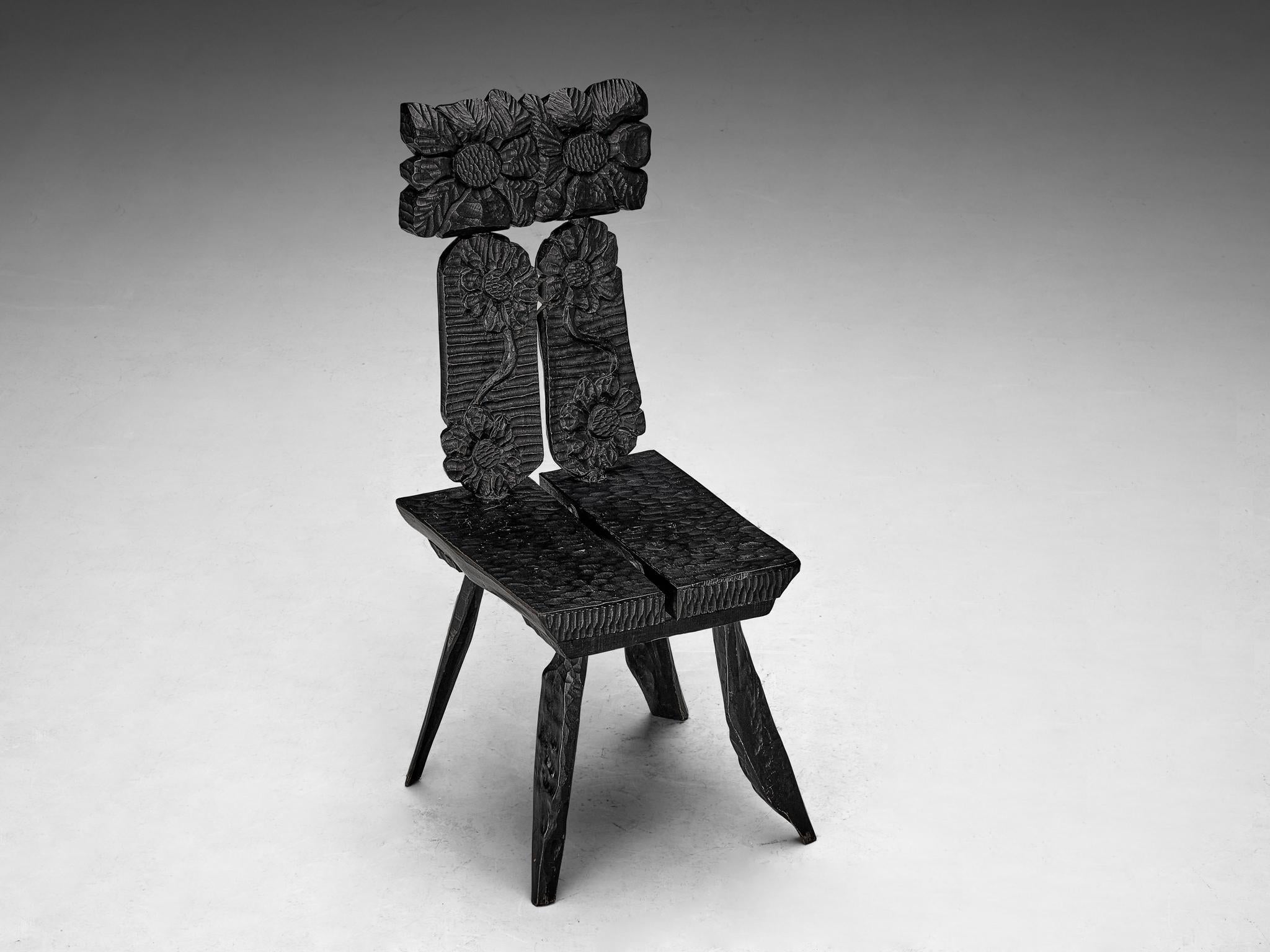 Sculptural Dining Chairs in Black Lacquered Wood with Decorative Carvings