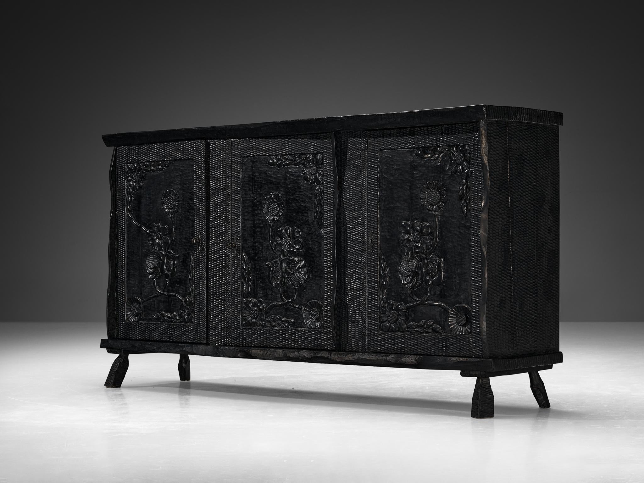 Sculptural Sideboard in Black Lacquered Wood with Decorative Carvings