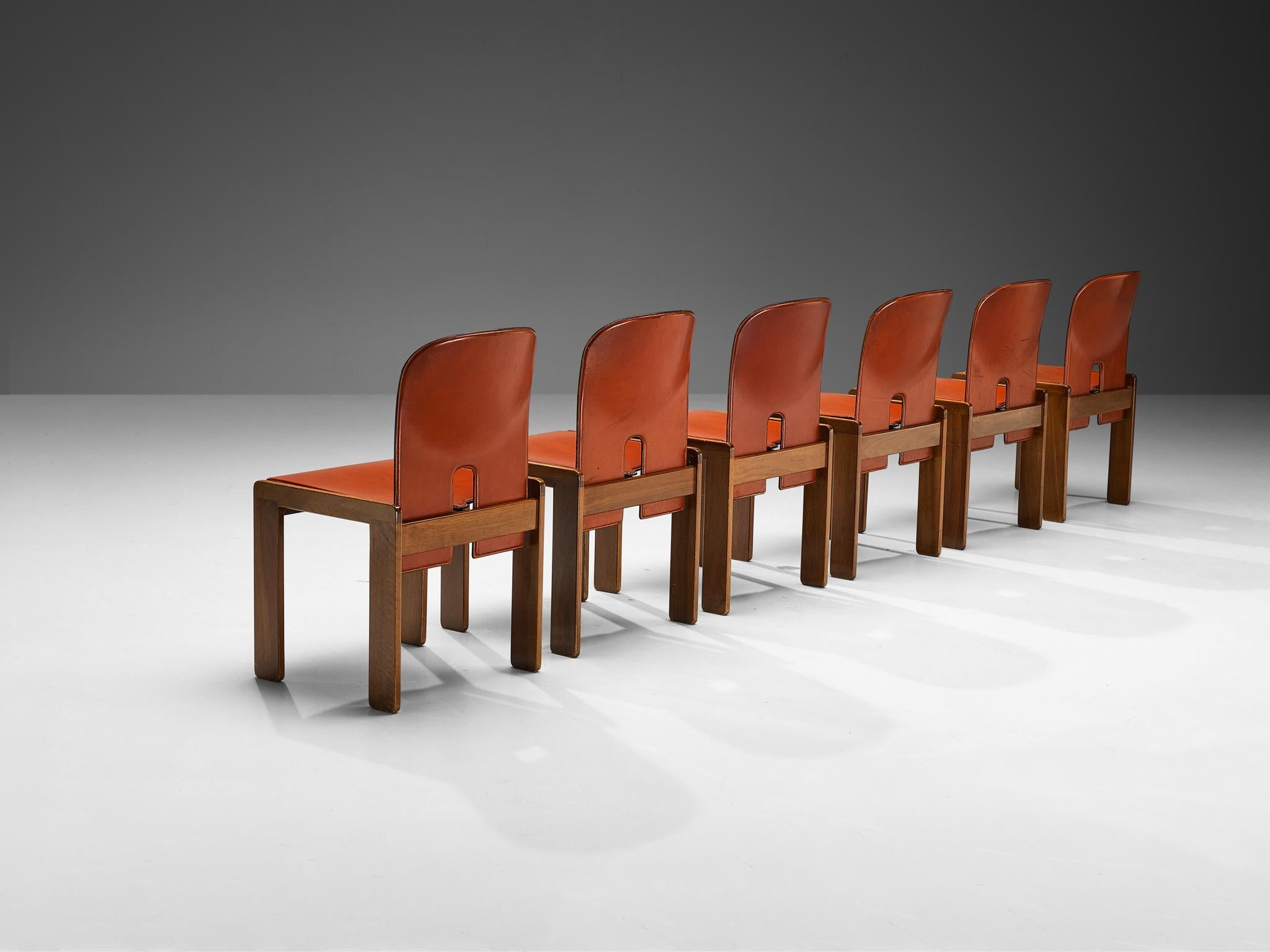 Afra & Tobia Scarpa Set of Six '121' Dining Chairs in Red Brown Leather