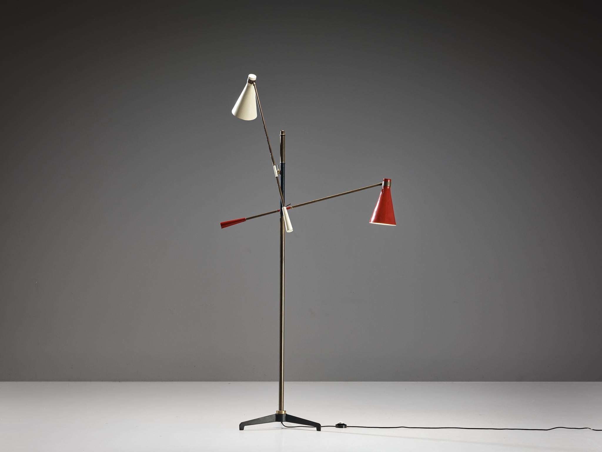 Mid-Century Modern Italian Two-Armed Floor Lamp in Red and Off-White